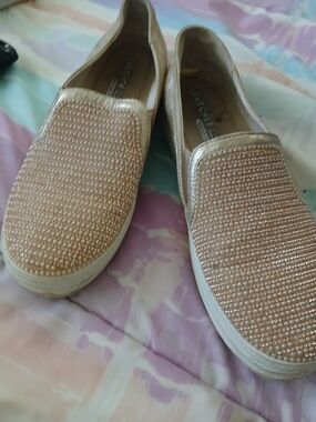 Skechers Rose Gold Slip-On Flats with Rhinestone Upper
